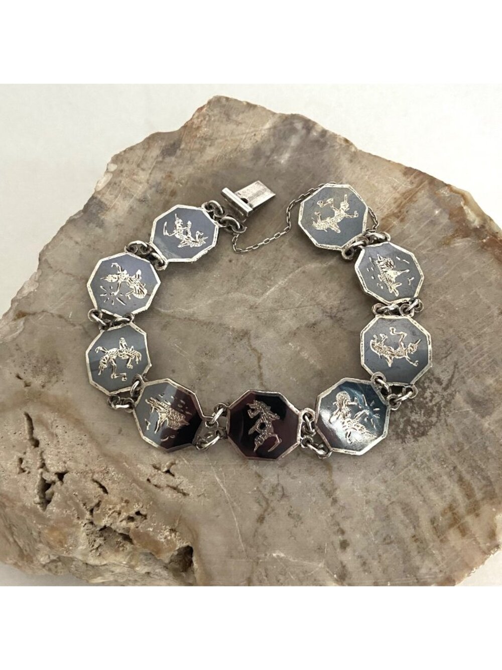 VTG Siam Sterling Silver 925 Niello Black Enamel Panel Bracelet 6.75"